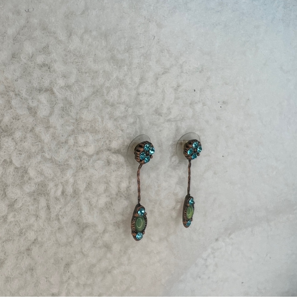 Turquoise Crystal Drop Earrings • Vintage Boho Dangle • Pierced Ears - Picture 3 of 6